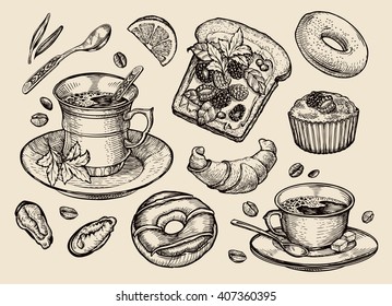 fast food. hand drawn sandwich, dessert, coffee cup, tea, donut, croissant, muffin. sketch vector illustration