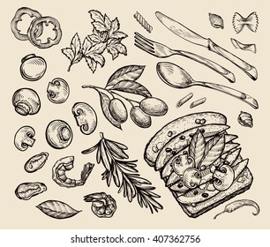  comida rápida. sándwich, tostada, aceitunas, perejil, romero, pasta, mejillones, gambas, champiñones, pimienta, cayena, cuchillo, tenedor, cuchara, laurel, tomate rebanado. ilustración vectorial de esbozo