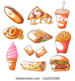 Fast food hand drawn set. Hamburgers, pizza, snack prepared quickly at inexpensive restaurant for eating out on street collection. Vector fast food illustration on white background