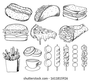 Fast food hand drawn set of illustrations for menu restaurant meals