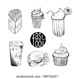 Fast food hand drawn set engraved style junk food. burger, hot dog, fries, shakes, ice cream, testy sweets, coffee