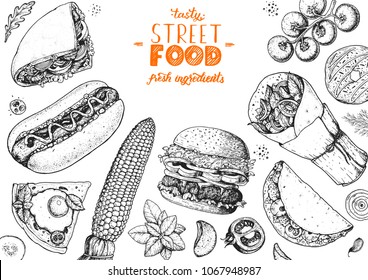 Fast food hand drawn sketch collection. Vector illustration. Junk food set. Engraved style illustration. Street food top view frame