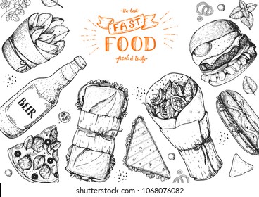 Fast Food Hand Drawn Sketch Collection. Vector Illustration. Junk Food Set. Engraved Style Illustration. Fast Food Top View Frame