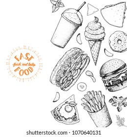 Fast food hand drawn sketch collection. Vector illustration. Junk food set. Engraved style illustration. Street food design template.
