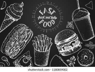 Fast food hand drawn sketch collection. Vector illustration. Junk food set. Engraved style illustration. Street food top view frame