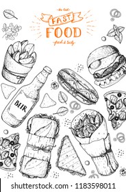 Fast food hand drawn sketch collection. Vector illustration. Junk food set. Engraved style illustration. Fast food top view frame