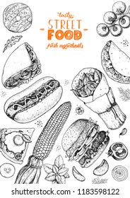 Fast food hand drawn sketch collection. Vector illustration. Junk food set. Engraved style illustration. Street food top view frame