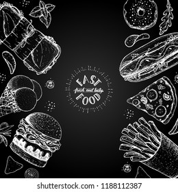 Fast food hand drawn sketch collection. Vector illustration. Junk food set. Engraved style illustration. Street food design template.