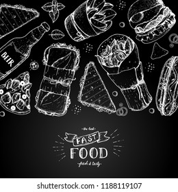 Fast food hand drawn sketch collection. Vector illustration. Junk food set. Engraved style illustration. Street food design template.