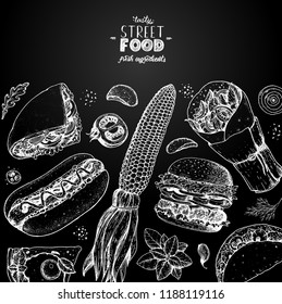 Fast food hand drawn sketch collection. Vector illustration. Junk food set. Engraved style illustration. Street food design template.