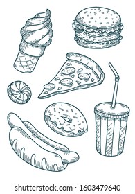 Fast food hand drawn sketch vector illustration. Ice cream, slice of pizza, donut, burger, hot dog and more.