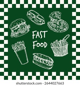Fast food hand drawn sketch illustration collection. French fries, pizza, hot dog, burger in engraving style, outline vector clipart