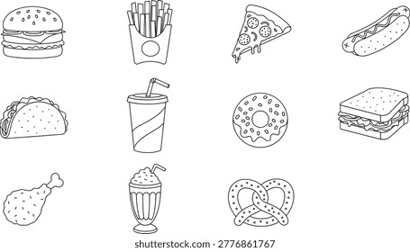 Fast food hand drawn sketch icons set with burger pizza fries drinks