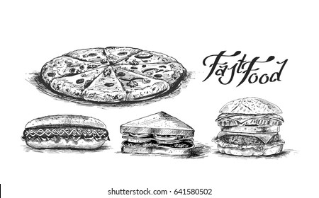 Fast Food, Hand Drawn Sketch Vector illustration. 