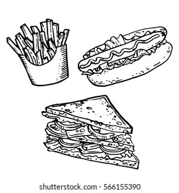 Fast Food Hand Drawn Stock Vector Illustration. Sandwich, Hot Dog, French Fries Line Art Sketch.