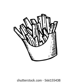 Fast food hand drawn stock vector illustration. French fries line art sketch.