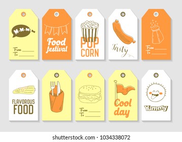 Fast Food Hand Drawn Tags Collection. Vintage Style Freehand Elements with Burger, Pop Corn and Sausage. Vector illustration