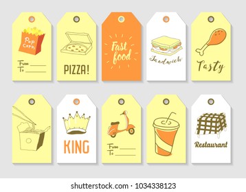 Fast Food Hand Drawn Tags Collection. Vintage Style Freehand Elements with Sandwich, Pop Corn and Pizza. Vector illustration