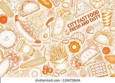 Fast food hand drawn vector illustrations. Street food banner design template. Can be use for fast food restaurant or cafe menu or packaging design.