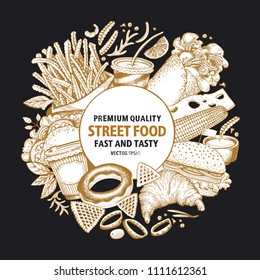 Fast food hand drawn vector illustration. Street food banner design template. Can be use for fast food restaurant or cafe menu or packaging design.