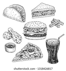 Fast food hand drawn vector illustration. Hamburger, cheeseburger, sandwich, pizza, chicken, taco and cola, engraved style, sketch isolated on white background.