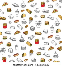 Fast food hand drawn vector doodle pattern with pizza, hamburger, sandwich, tacos, wrap, French fries.