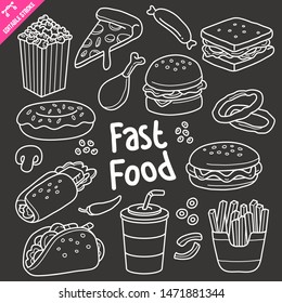 Fast food hand drawn vector doodle illustration over chalkboard isolated on black background. Pizza, donut, hamburger, taco, soda and french fries Vector doodle illustration with editable stroke/outli