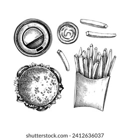 Fast food hand drawn vector illustrations. Burger, coffee cup, French fries sketches. Takeaway food or restaurant delivery service vintage style design elements. 