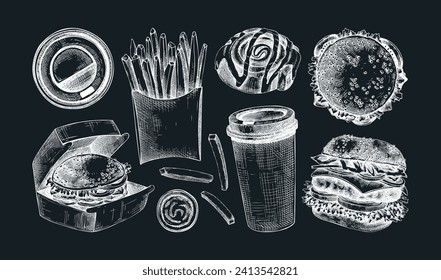 Fast food hand drawn vector illustrations. Burger, coffee cup, French fries sketches. Takeaway food or restaurant delivery service vintage style design elements on chalkboard