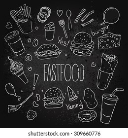 Fast food hand drawn vector set over chalkboard
