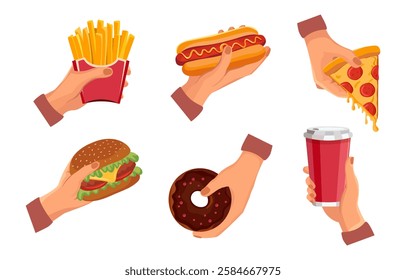 Fast food in hand, hamburger, hot dog, pizza, fries, cola and donut Vector illustration on isolated background