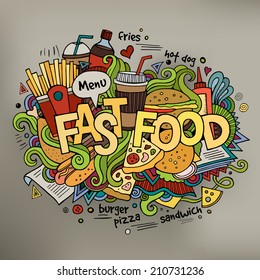 Fast food hand lettering and doodles elements background. Vector illustration