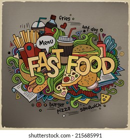 Fast food hand lettering and doodles elements background. Vector illustration