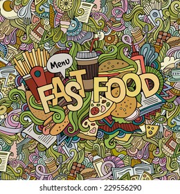 Fast food hand lettering and doodles elements background. Vector illustration