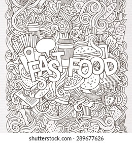 Fast food hand lettering and doodles elements background. Vector illustration