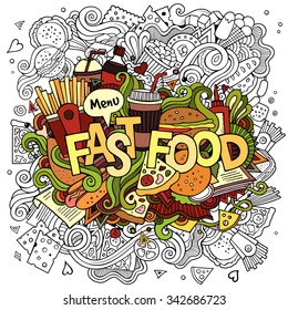 Fast food hand lettering and doodles elements background. Vector illustration