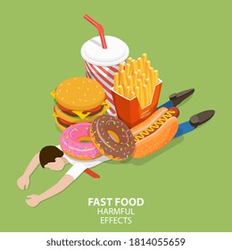 Fast Food Harmful Effects, Junk Food Danger, Unhealthy Nutrition Eating Risks. 3D Isometric Flat Vector Conceptual Illustration.