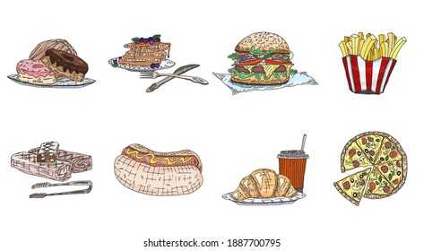 fast food harmful street home. vector doodle color sketch