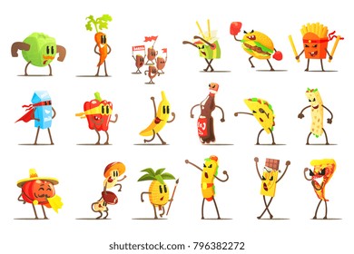 Fast Food And Healthy Food Cartoon Characters Set