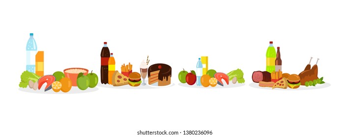Fast food and healthy meal decorations, fish with eggs and greenery, hamburger and chicken, soda and cake, porridge in bowl, potatoes and pizza vector