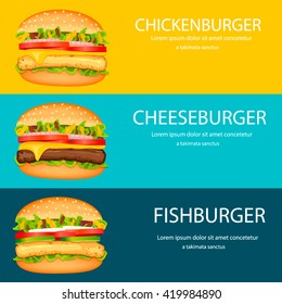 Fast food horizontal banner design template.Vector burgers design, web banners.Fast food borders.Chickenburger, cheeseburger, fishburger