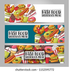 Fast food horizontal banner set concept. Restaurant advertisement template. Vector illustration.