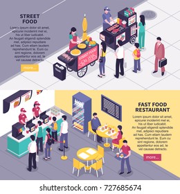 Fast food horizontal banners with people in restaurant and near street carts buying pizza burgers and hot dog isometric vector illustration