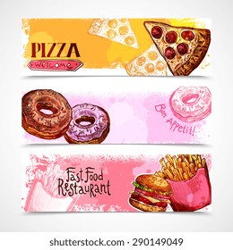 Fast food horizontal banners set with hand drawn donut pizza and hamburger isolated vector illustration