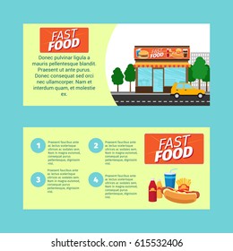 Fast food horizontal flyers with shop building and landscape