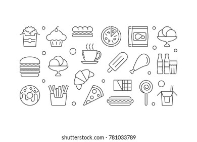 Fast food horizontal illustration. Vector unhealthy eating concept banner in thin line style on white background