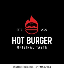 Fast Food Hot Burger Vector Flat Modern Logo, Label or Emblem Design on Black Background. Simple Burger and Fire Symbol for Cafe, Bar, Restaurant, Menu, Banner, Web.