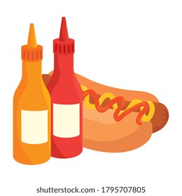 fast food hot dog with bottled sauces on white background vector illustration design