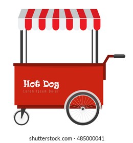 Fast Food Hot Dog Cart And Street Hot Dog Cart With Awning. Hot Dog Cart Street Food Market, Hot Dog Cart Stand Vendor Service. Kiosk Seller Fast Food Business.