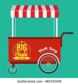 Fast food hot dog cart and street hot dog cart with awning. Hot dog cart street food market, hot dog cart stand vendor service. Kiosk seller fast food business.